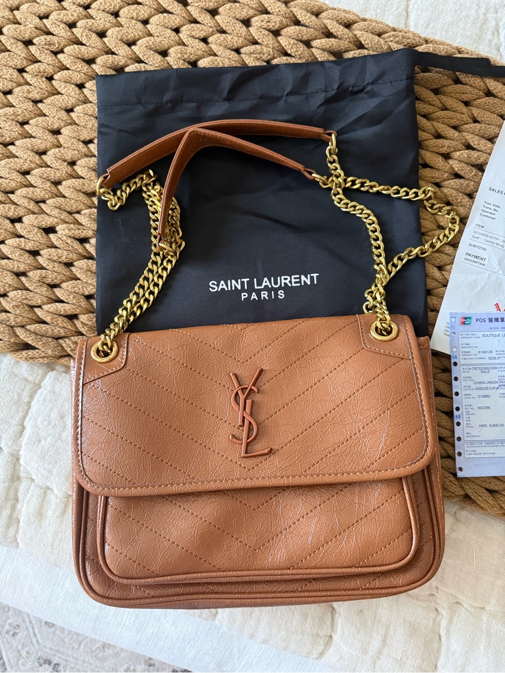 Saint Laurent Tan Leather Quilted Shoulder Bag with Gold Chain